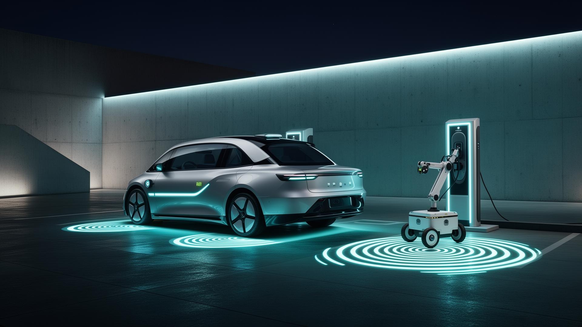 Driverless robotaxi at a ROBOBRILLIANCE charge pod with autonomous charging robot